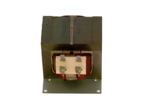 BOSCH Spule mit einem rechteckigen Gehäuse und einer Anschlussplatte, ausgestattet mit zwei Anschlüssen auf der Vorderseite und einer Wicklung im Inneren.